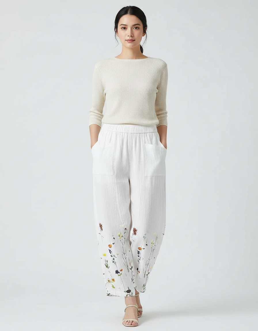 Pantalon Japonais Lin Blanc Ample Floral Femme