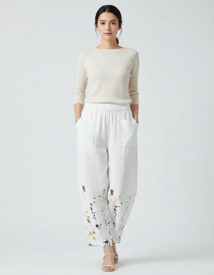 Pantalon Japonais Lin Blanc Ample Floral Femme