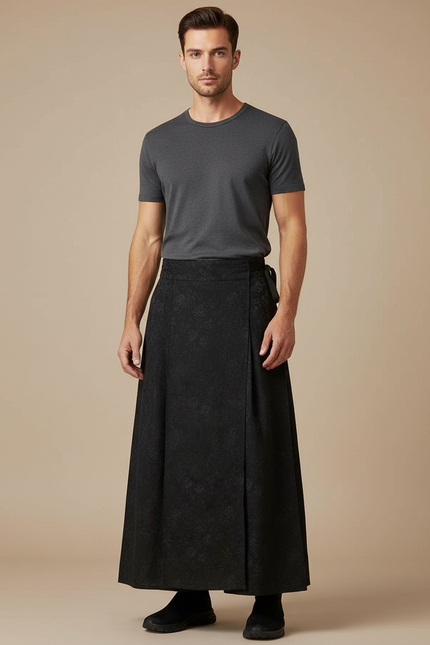Pantalon Japonais Noir Long Ample Motif Floral Élégant - Polyester