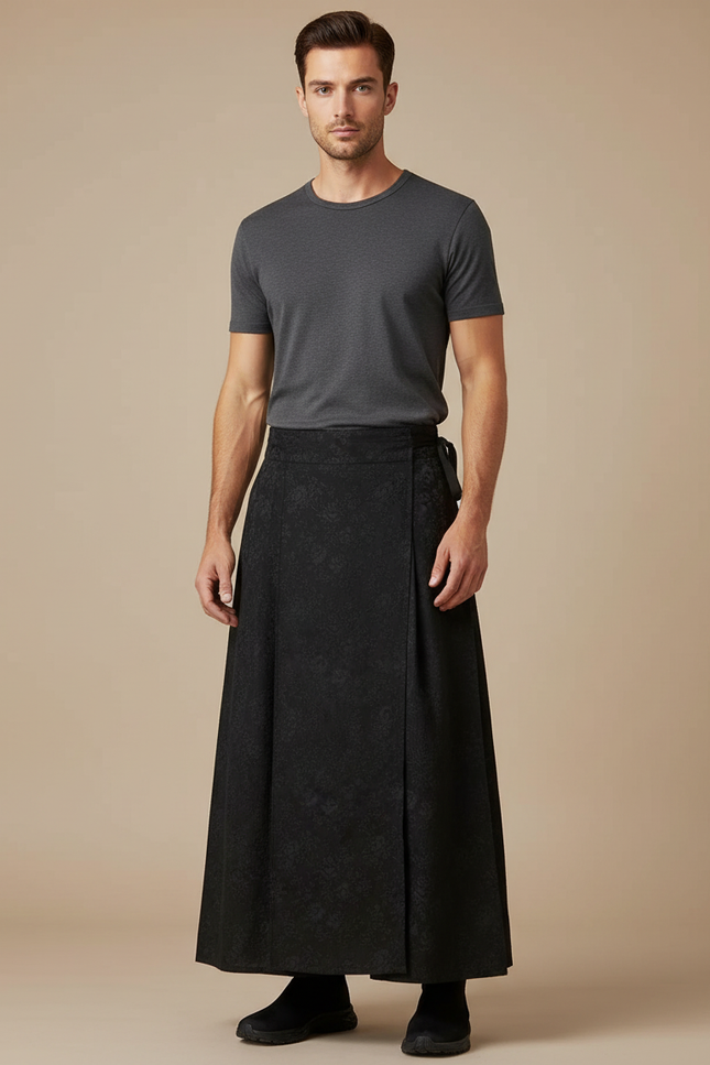 Pantalon Japonais Noir Long Ample Motif Floral Élégant - Polyester
