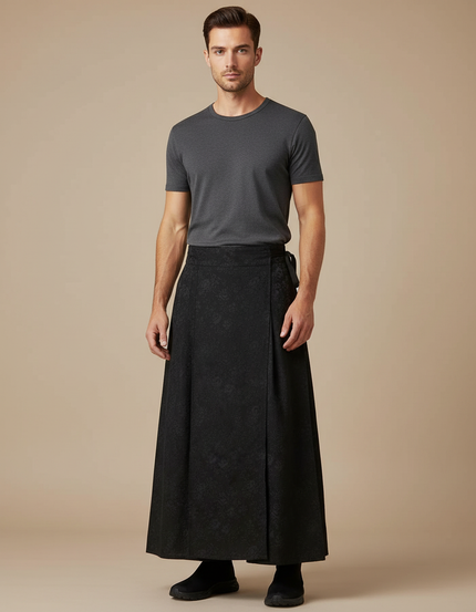 Pantalon Japonais Noir Long Ample Motif Floral Élégant - Polyester