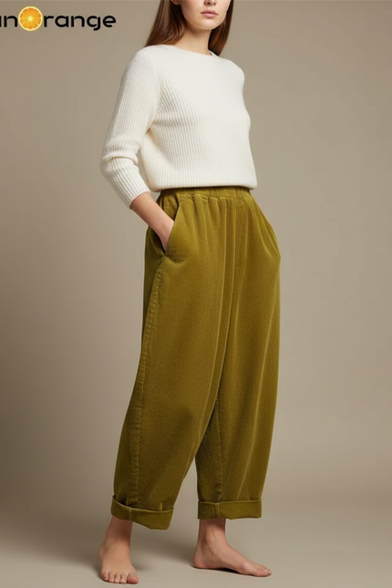 Pantalon Japonais Vert Côtelé Ample Confortable Décontracté - Cordé