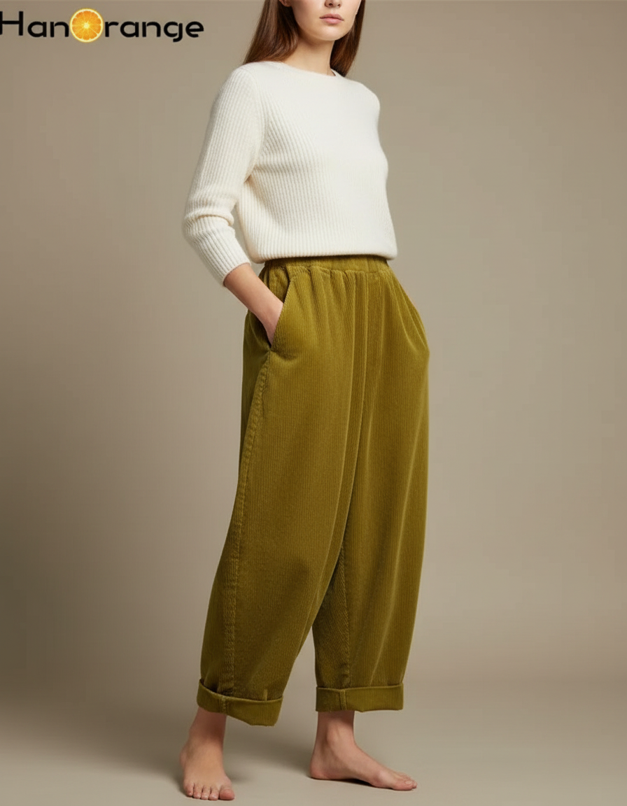 Pantalon Japonais Vert Côtelé Ample Confortable Décontracté - Cordé