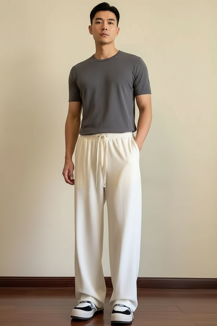 Pantalon Japonais Blanc Cassé Ample Fluide Cordon Confort - Maille