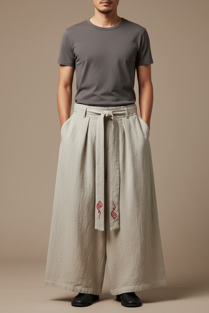 Pantalon Japonais Lin Ample Beige Brodé Ethnique