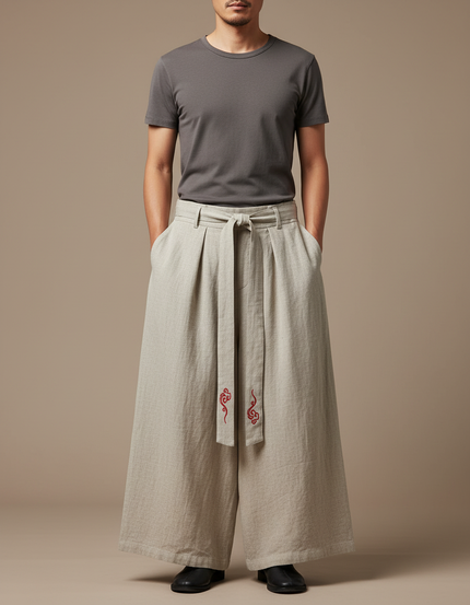 Pantalon Japonais Lin Ample Beige Brodé Ethnique
