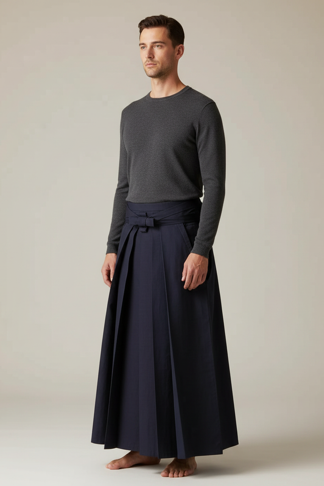 Pantalon Japonais Marine Plissé Ample Traditionnel Homme - Gabardine