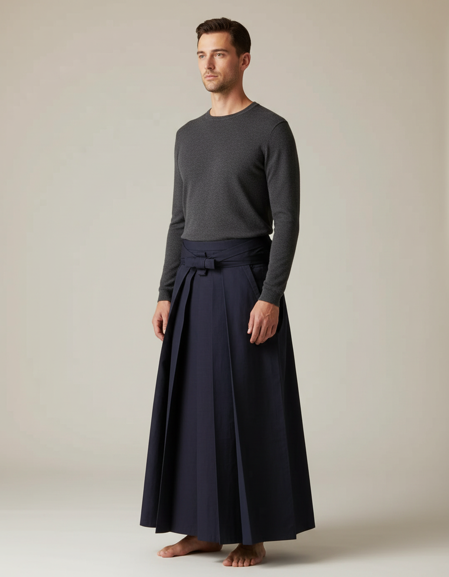 Pantalon Japonais Marine Plissé Ample Traditionnel Homme - Gabardine
