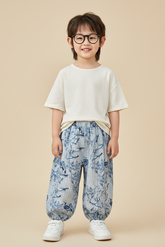 Pantalon Japonais Bleu Imprimé Ample Coton Enfant - Lin