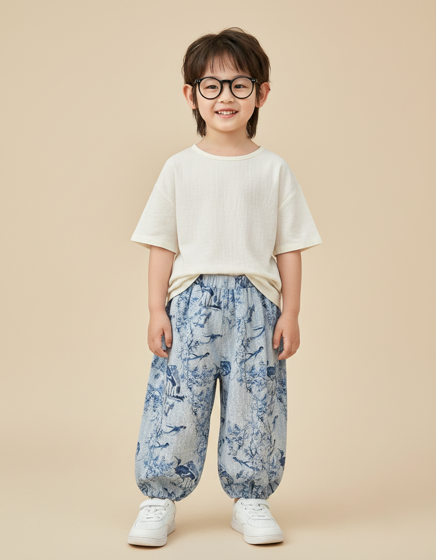 Pantalon Japonais Bleu Imprimé Ample Coton Enfant - Lin