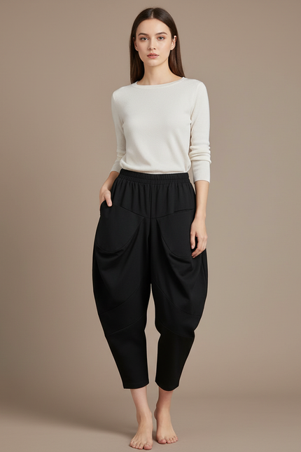 Pantalon Japonais Noir Bouffant Ample Confortable Harem - Polyester