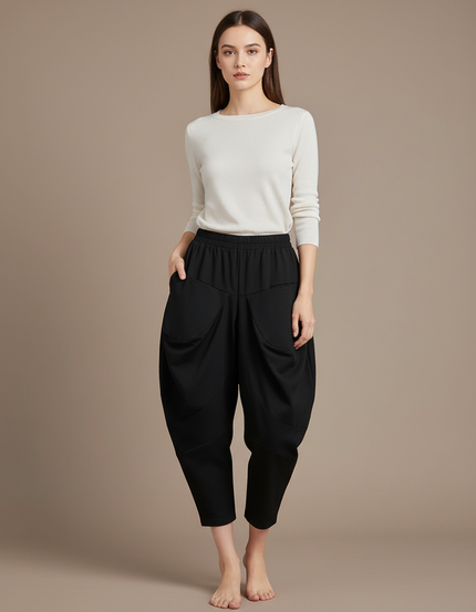 Pantalon Japonais Noir Bouffant Ample Confortable Harem - Polyester
