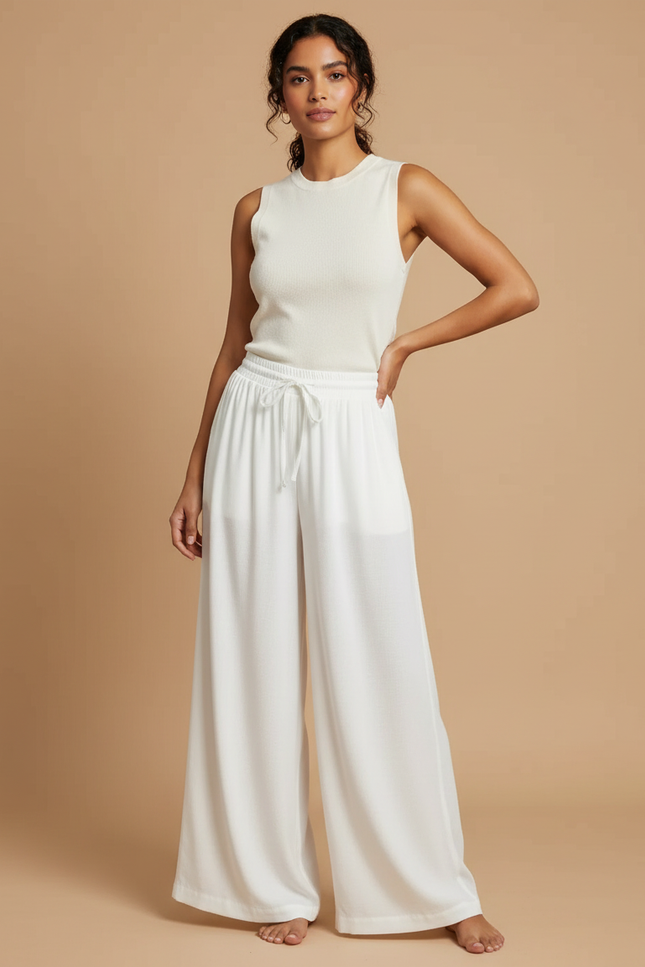 Pantalon Japonais Fluide Blanc Ample Confort Cordon - Maille