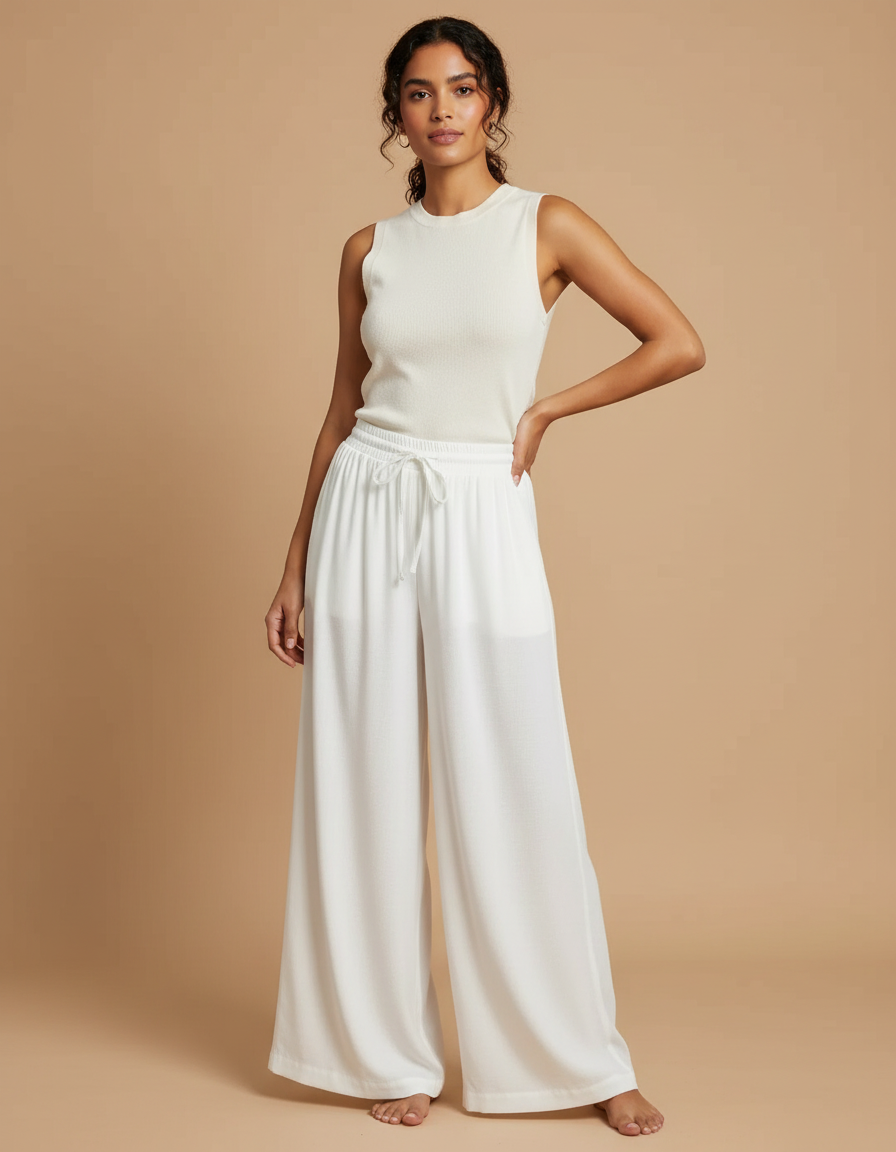 Pantalon Japonais Fluide Blanc Ample Confort Cordon - Maille