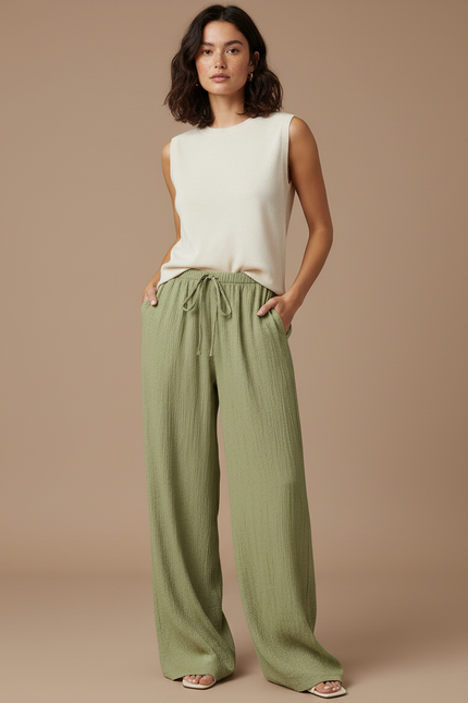 Pantalon Japonais Vert Lin Ample Fluide Femme