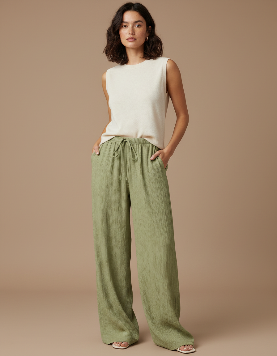 Pantalon Japonais Vert Lin Ample Fluide Femme
