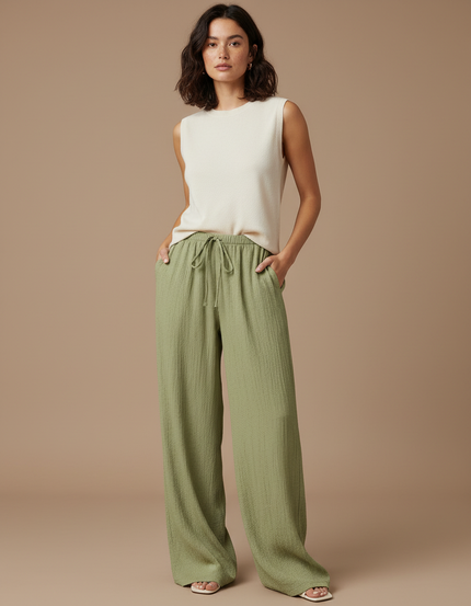 Pantalon Japonais Vert Lin Ample Fluide Femme