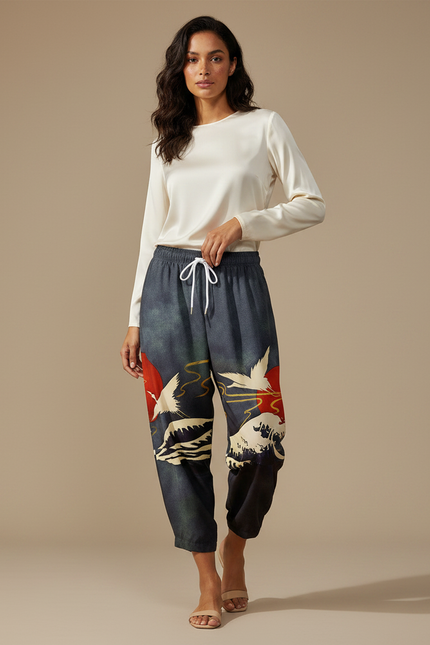 Pantalon Japonais Ample Bleu Grue Rouge Vagues - Viscose