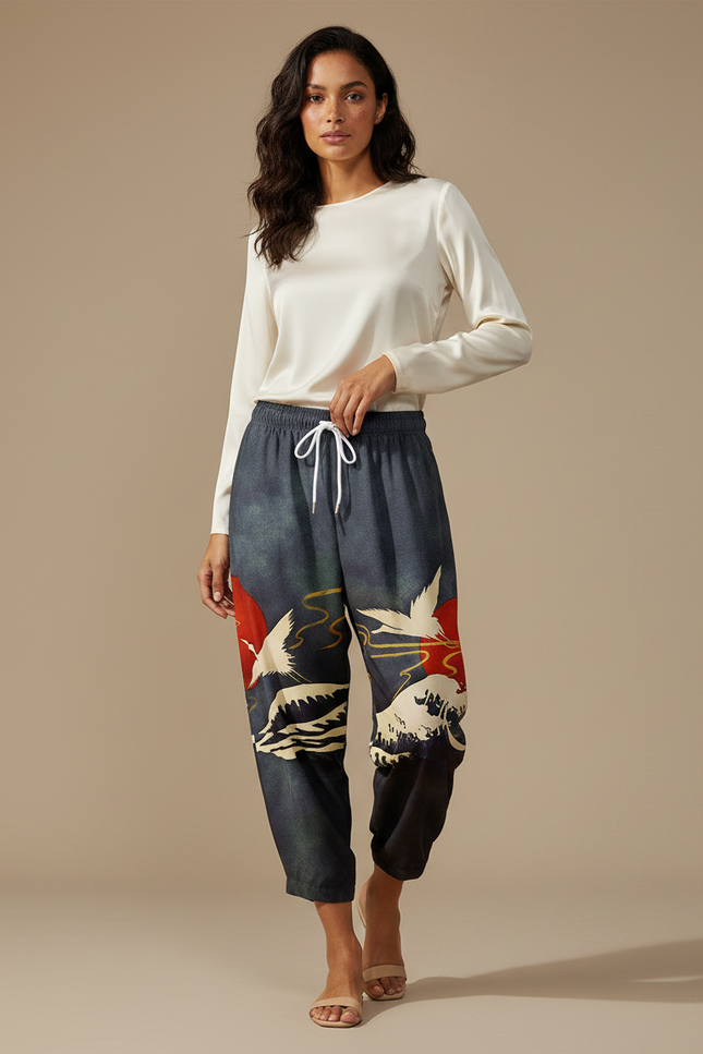 Pantalon Japonais Ample Bleu Grue Rouge Vagues - Viscose