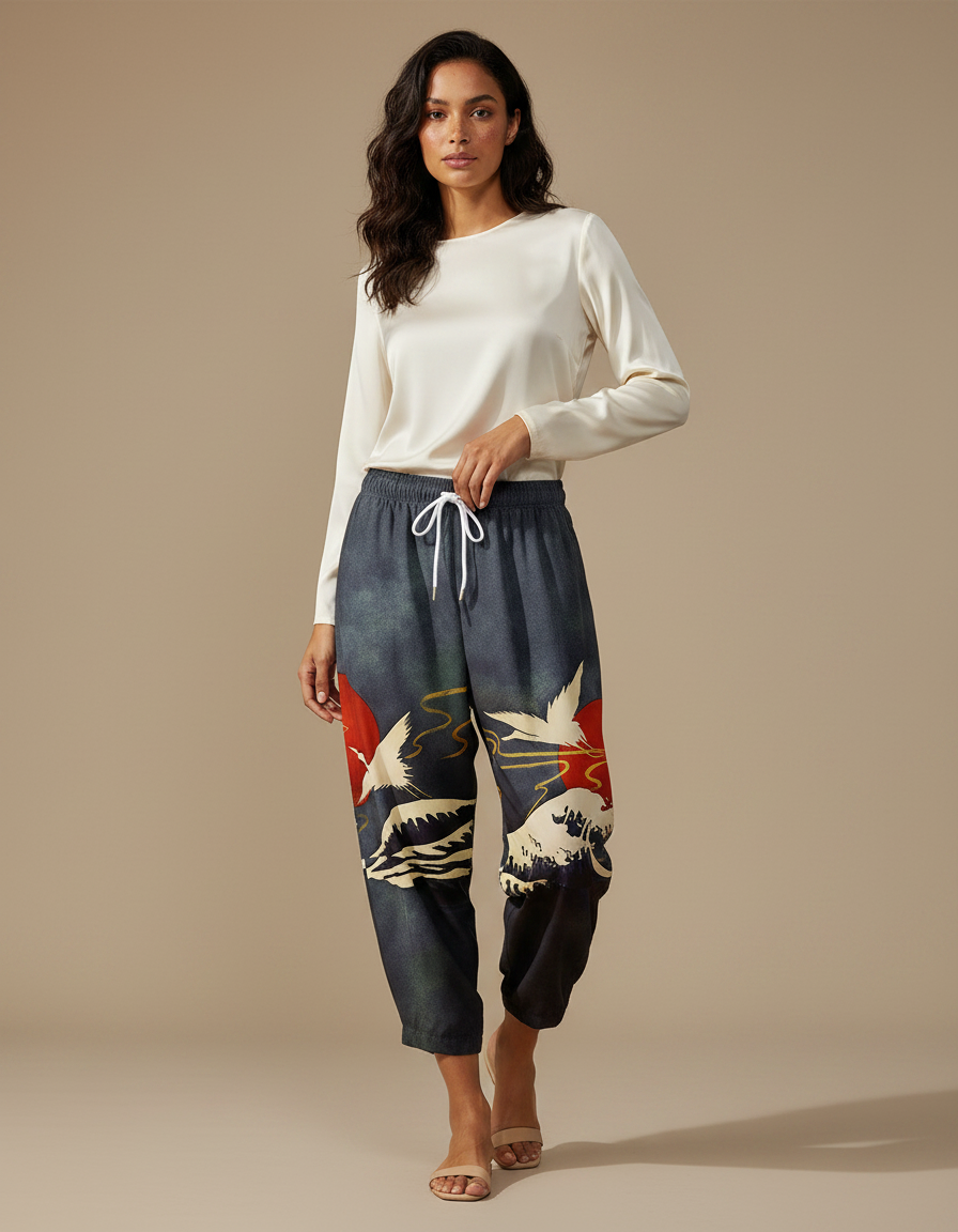 Pantalon Japonais Ample Bleu Grue Rouge Vagues - Viscose