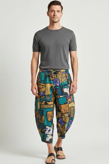 Pantalon Japonais Imprimé Géométrique Ample Streetwear Décontracté - Multicolore Lin