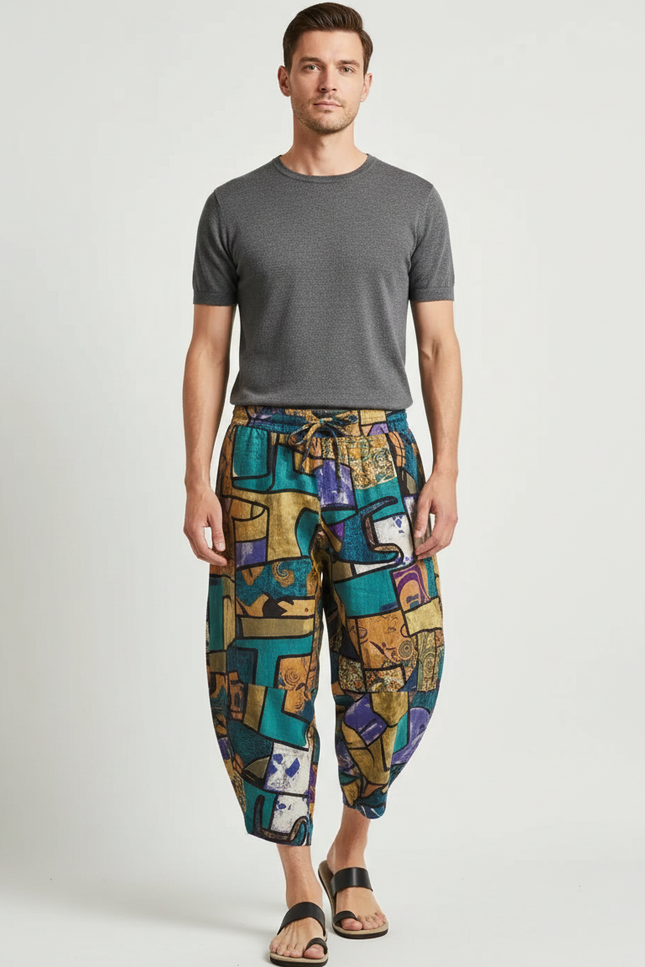 Pantalon Japonais Imprimé Géométrique Ample Streetwear Décontracté - Multicolore Lin