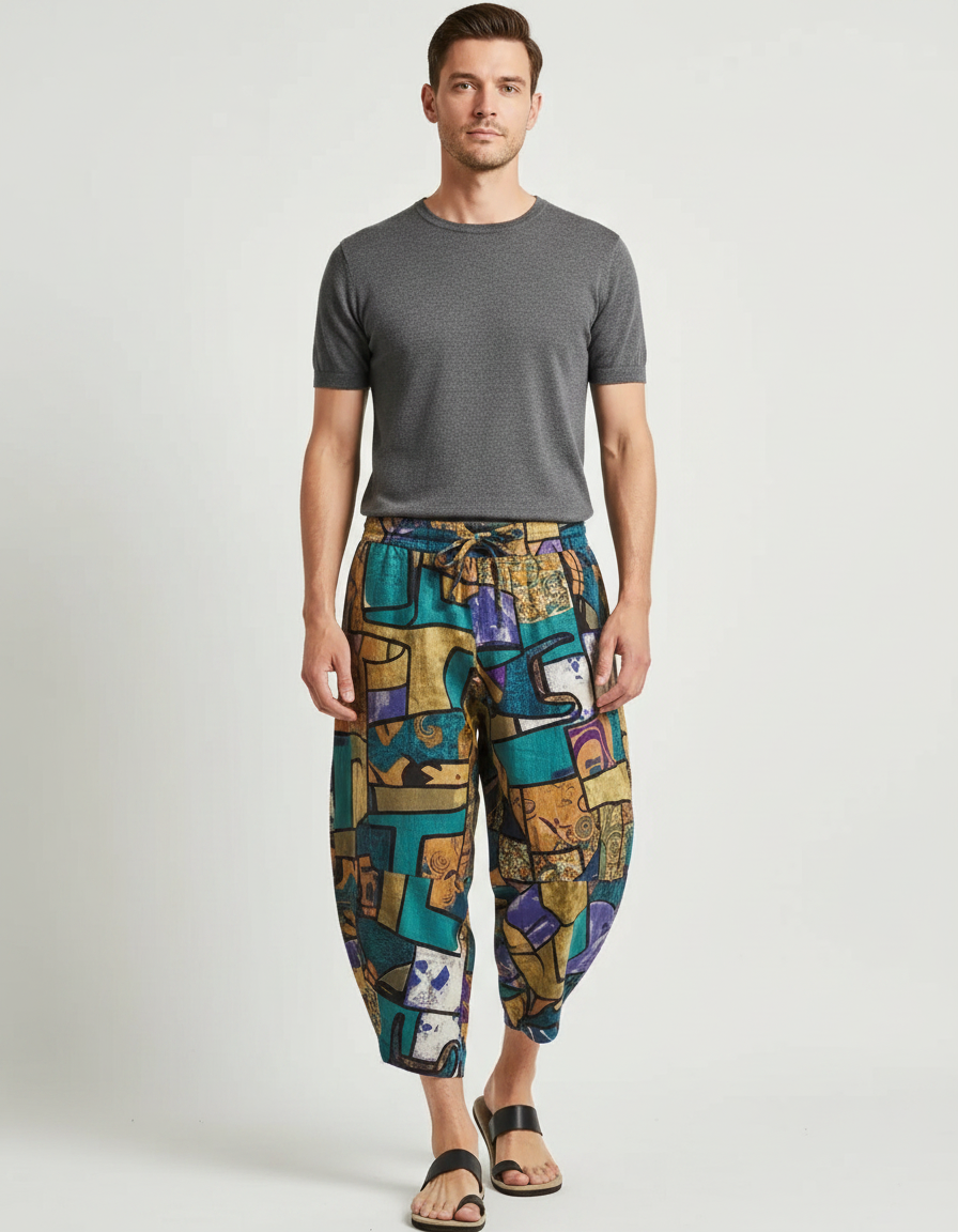 Pantalon Japonais Imprimé Géométrique Ample Streetwear Décontracté - Multicolore Lin