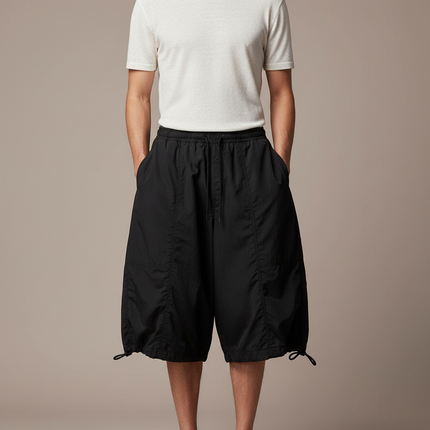 Pantalon Japonais Noir Fluide Ample Court Cordon - Polyester