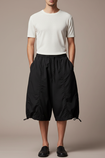 Pantalon Japonais Noir Fluide Ample Court Cordon - Polyester