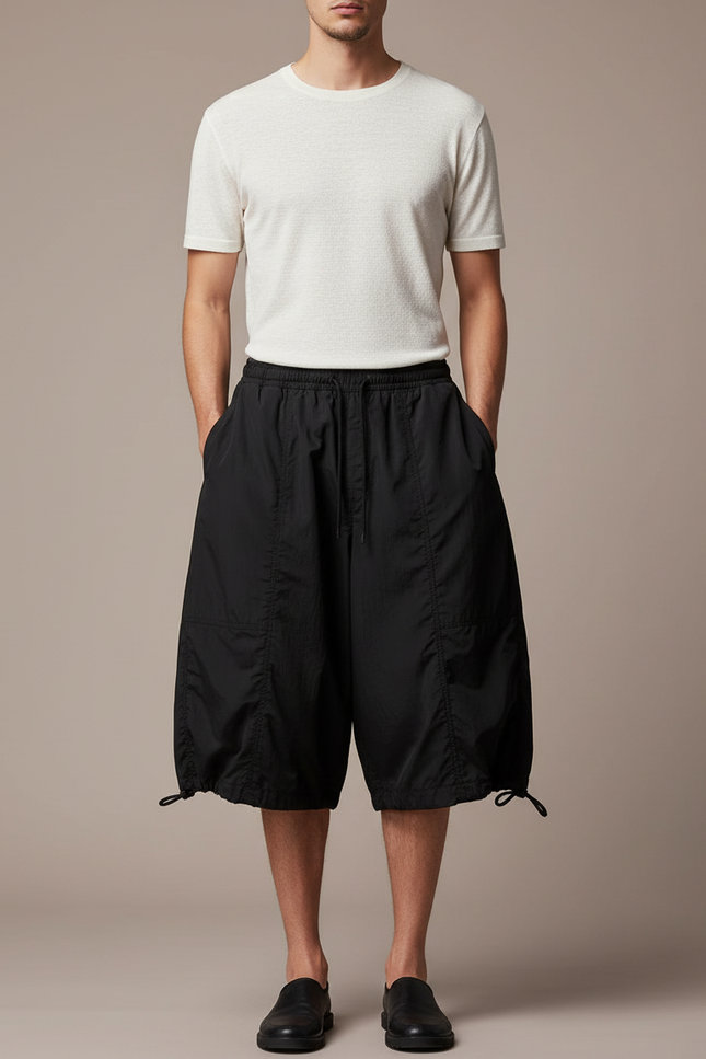 Pantalon Japonais Noir Fluide Ample Court Cordon - Polyester