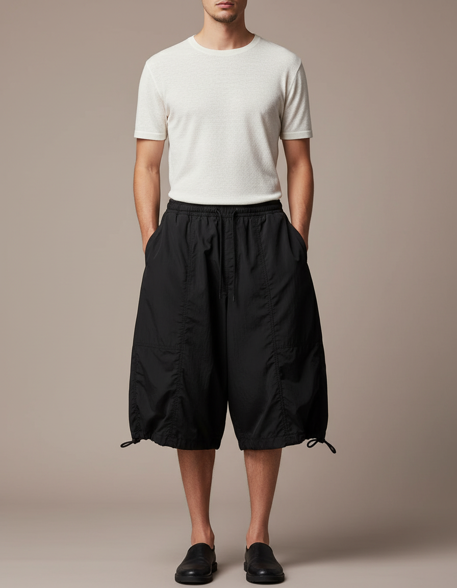 Pantalon Japonais Noir Fluide Ample Court Cordon - Polyester