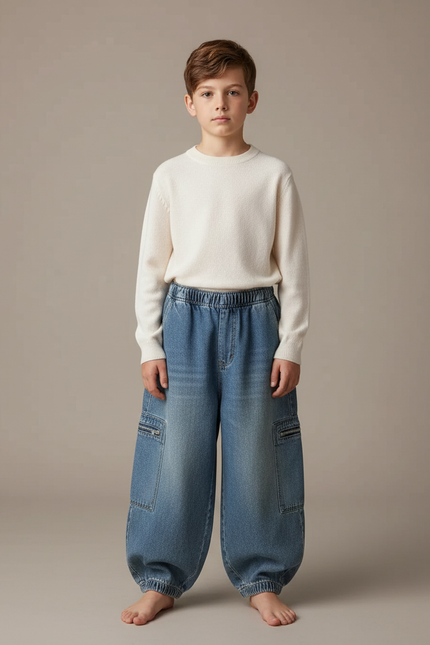 Pantalon Japonais Denim Ample Enfant Cargo Élastique - Bleu Jean