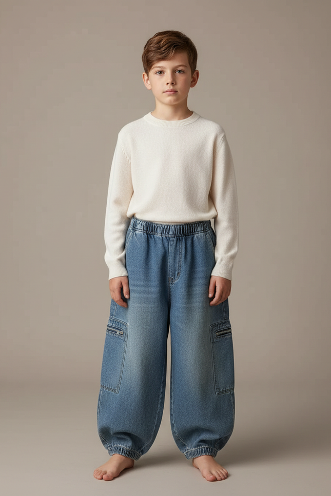 Pantalon Japonais Denim Ample Enfant Cargo Élastique - Bleu Jean