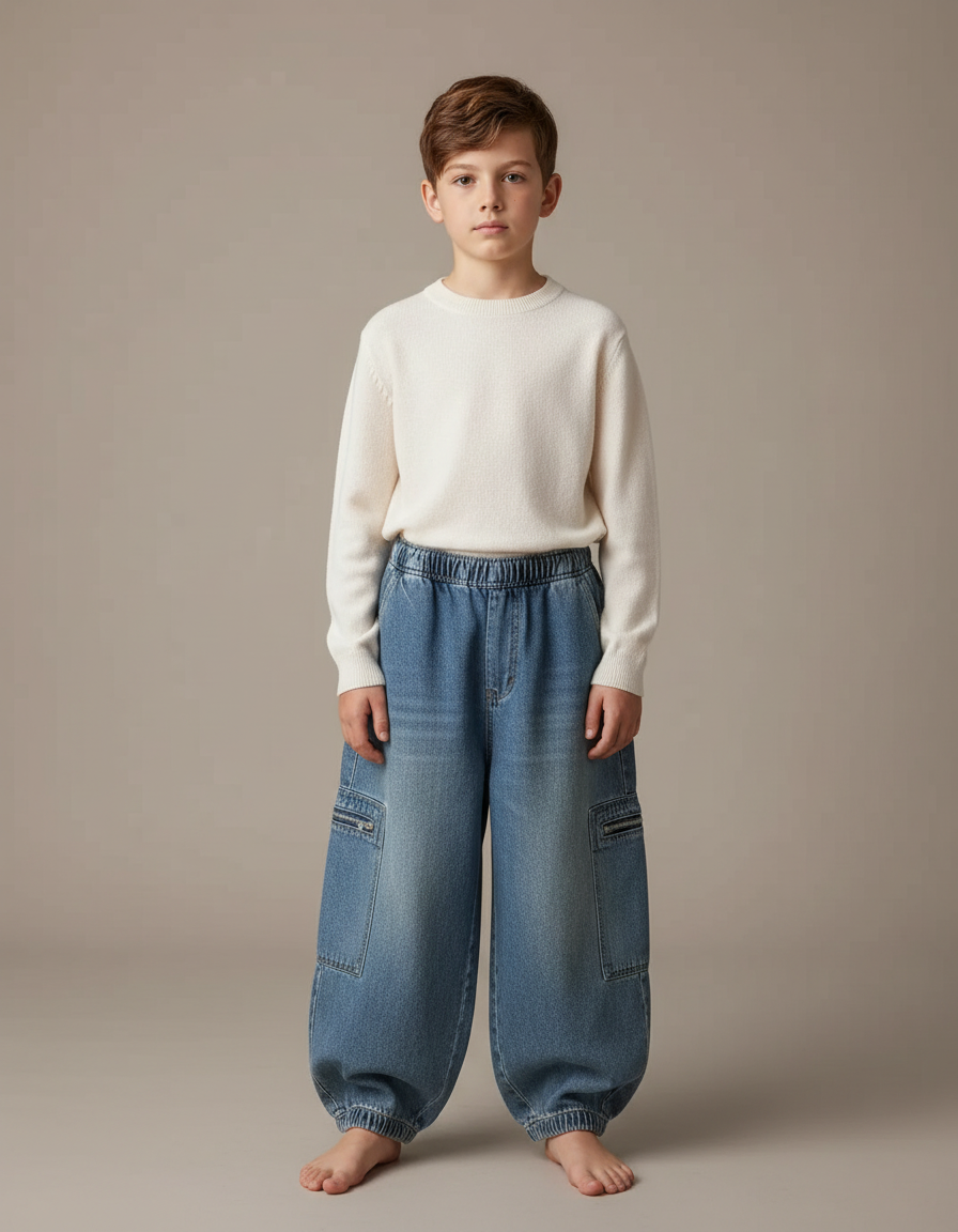 Pantalon Japonais Denim Ample Enfant Cargo Élastique - Bleu Jean