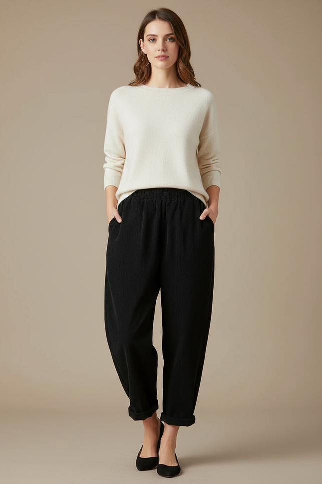 Pantalon Japonais Velours Côtelé Noir Ample Décontracté - Cordé