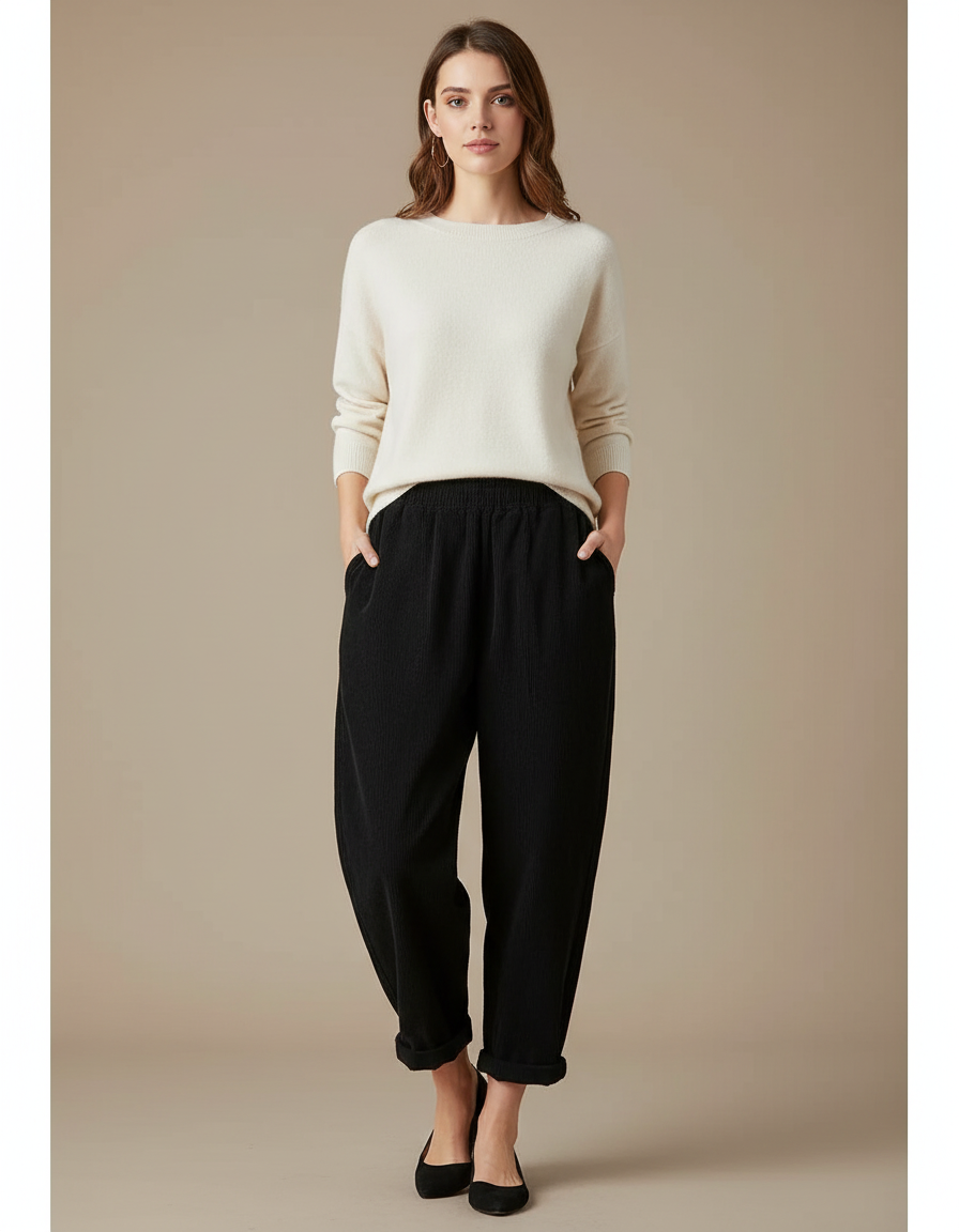 Pantalon Japonais Velours Côtelé Noir Ample Décontracté - Cordé