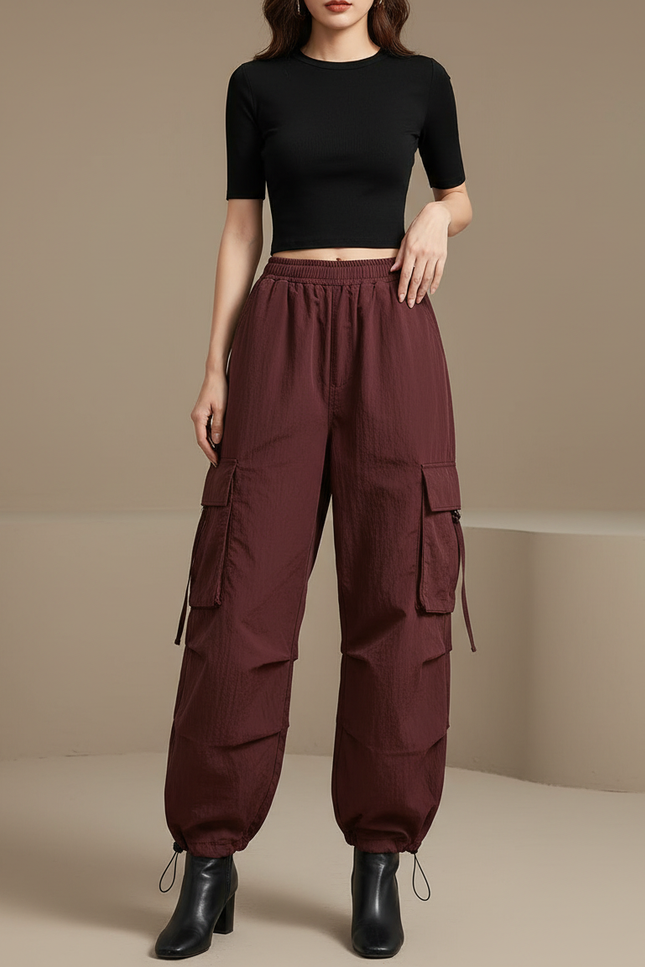 Pantalon Japonais Cargo Marron Ample Décontracté Femme - Bordeaux Polyester