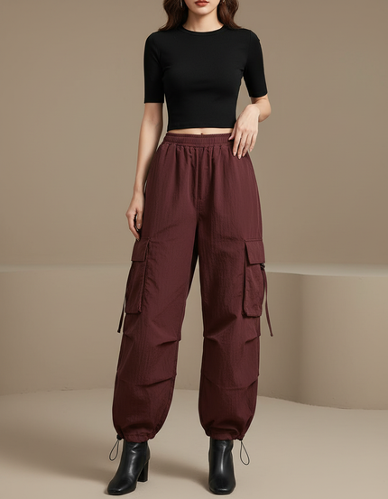 Pantalon Japonais Cargo Marron Ample Décontracté Femme - Bordeaux Polyester