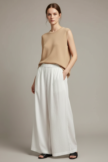 Pantalon Japonais Blanc Fluide Ample Coton Décontracté