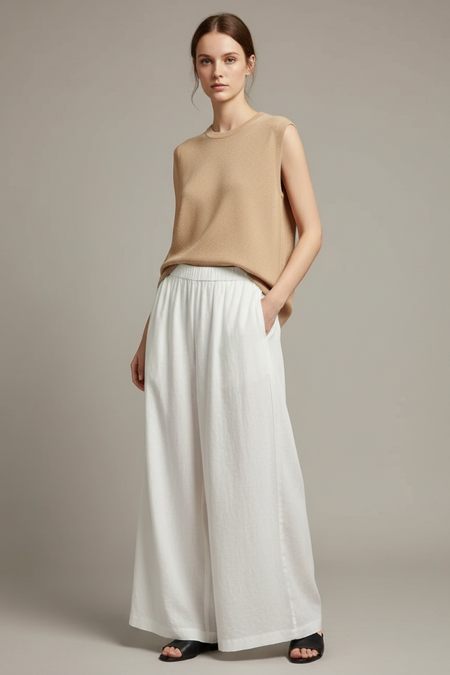 Pantalon Japonais Blanc Fluide Ample Coton Décontracté
