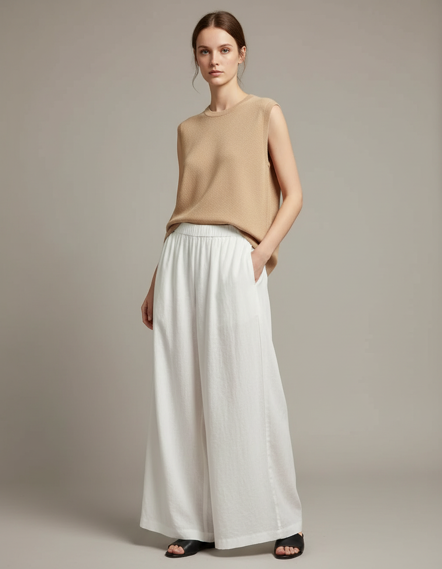 Pantalon Japonais Blanc Fluide Ample Coton Décontracté