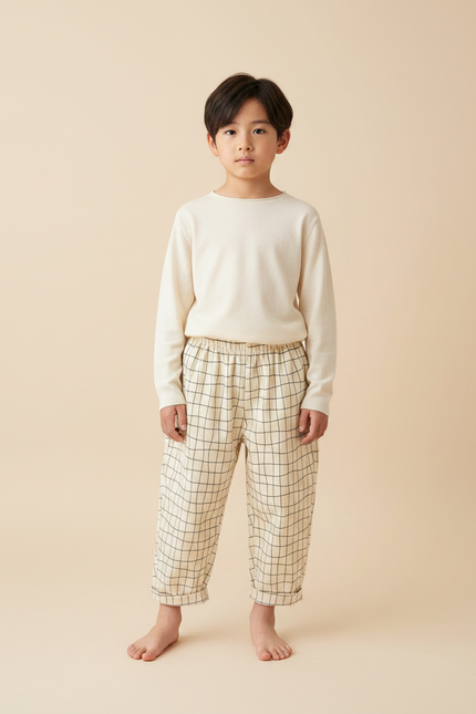 Pantalon Japonais Carreaux Ample Coton Enfant Beige