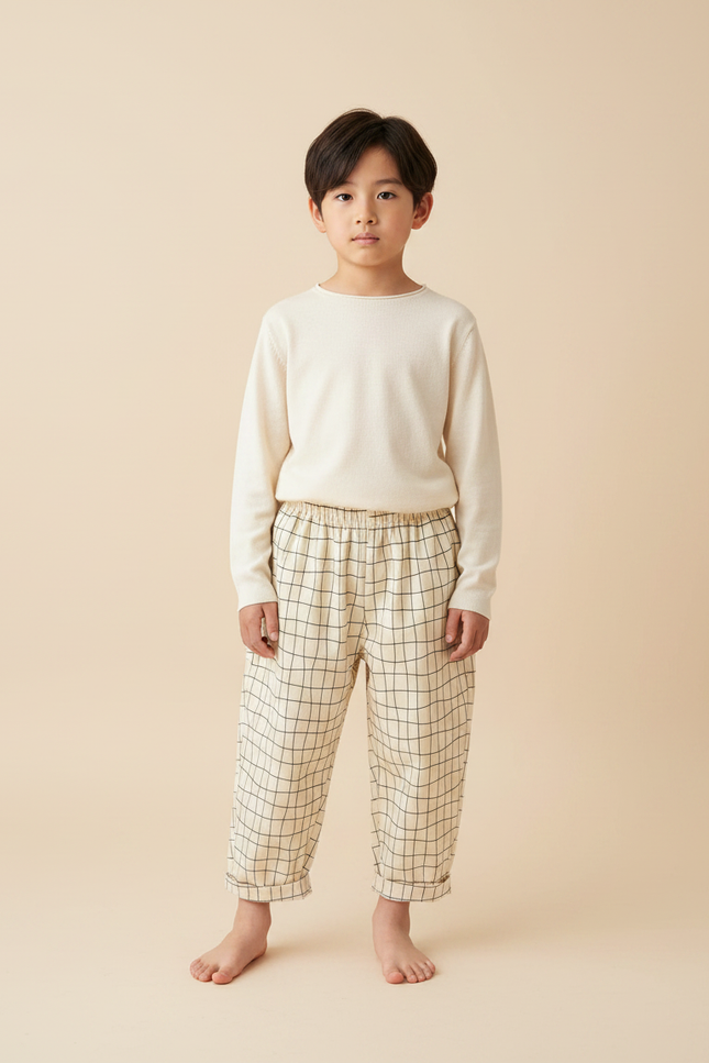 Pantalon Japonais Carreaux Ample Coton Enfant Beige