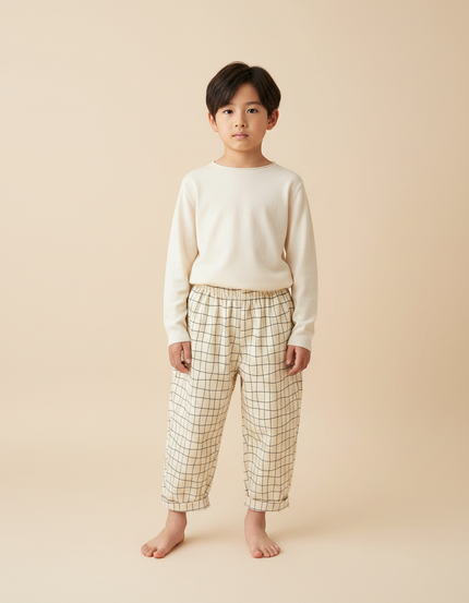 Pantalon Japonais Carreaux Ample Coton Enfant Beige