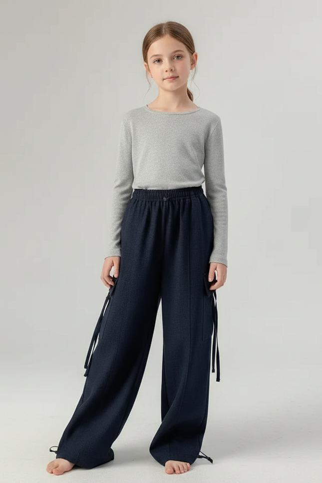 Pantalon Japonais Large Bleu Marine Fluide Cargo - Laine