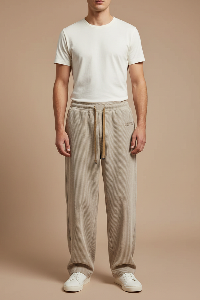 Pantalon Japonais Côtelé Ample Décontracté Beige Homme - Cordé