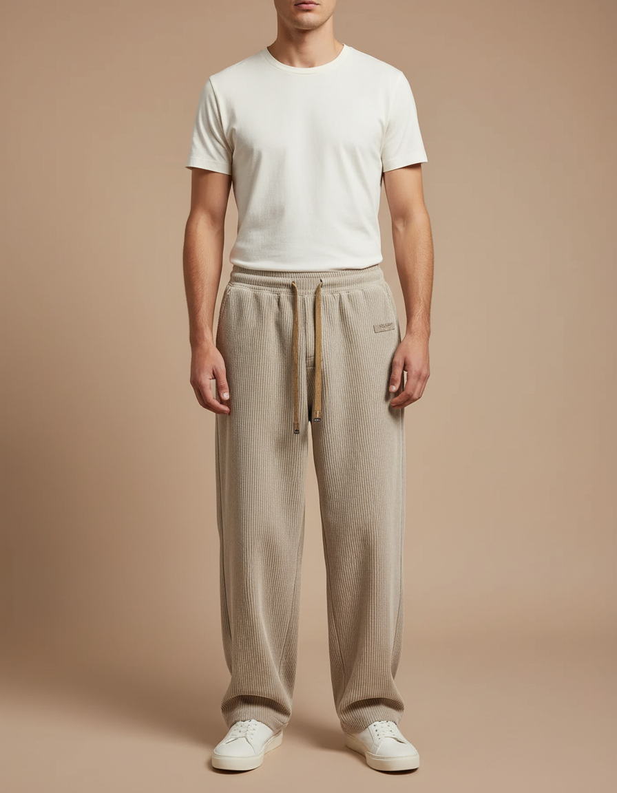 Pantalon Japonais Côtelé Ample Décontracté Beige Homme - Cordé