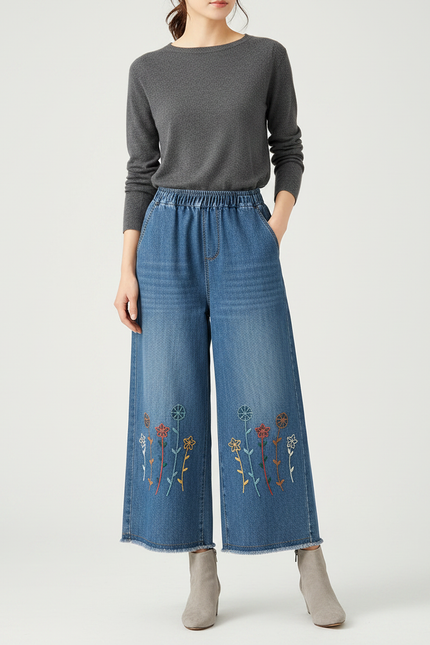 Pantalon Japonais Denim Ample Brodé Fleurs Décontracté - Bleu Jean