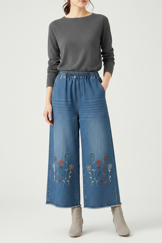 Pantalon Japonais Denim Ample Brodé Fleurs Décontracté - Bleu Jean