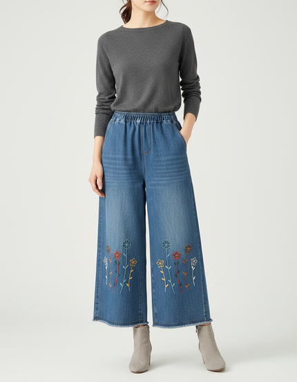Pantalon Japonais Denim Ample Brodé Fleurs Décontracté - Bleu Jean